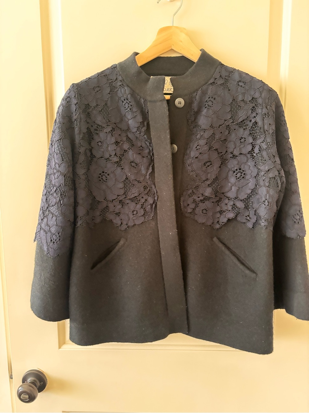 Anthropologie Field & Flower Black Wool Floral Lace Overlay Jacket Coat XS